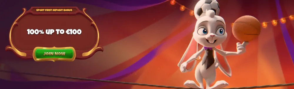 Bannière de bonus de sport Magius avec un personnage de lapin et offre de match à 100%